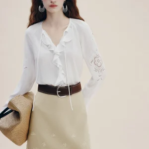 French Style Embroidered Hollow out Bell Sleeve Shirt with Lace Trim Commute Friendly Women's Fashion Autumn New Arrival - AliExpress Shirts & Blouses