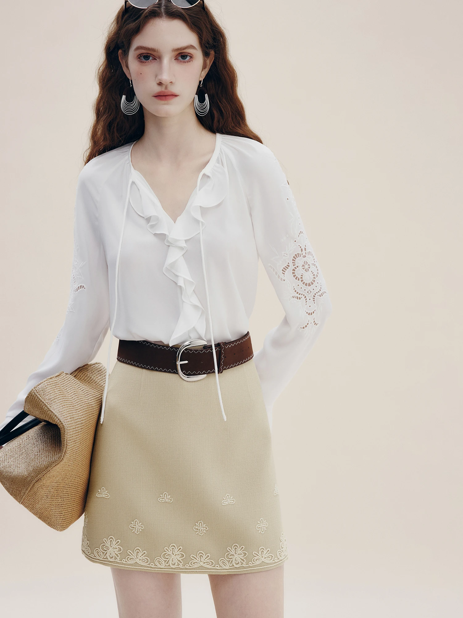 French Style Embroidered Hollow out Bell Sleeve Shirt with Lace Trim Commute Friendly Women's Fashion Autumn New Arrival - AliExpress Shirts & Blouses