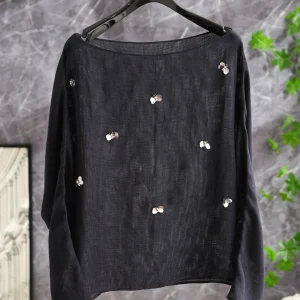 Linen Blue Shirt Lightweight Long Sleeve Heavy Embroidery One-Shoulder Loose Fit Women's Summer Fashion Original Design Top - AliExpress Shirts & Blouses