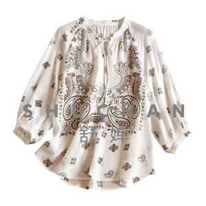 French Atmosphere Natural Silk Double Crepe Paisley Print Round Neck Seven-quarter Sleeve Shirt Women's 45L3 - AliExpress Shirts & Blouses