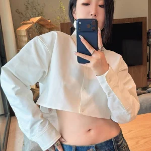 High Waist Loose Long Sleeve Shirt Women's Simple Fashionable White Match Slimming  Color Top Cotton  Collar Short L... - AliExpress Shirts & Blouses
