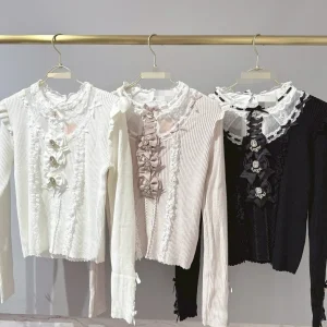 Autumn Gothic Y2k Lolita Women Japanese Sweet Lace Collar Bow Knitted Blouse Grid High Waist A-line Short Skirt JK Uniform 2025 - AliExpress Sweaters&Jumpers