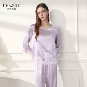 lace trim 19MM 100% mulberry silk Women's Sleepwear pajama long sleeves T-shirt & trousers pijamas set O neck Casual pajamas set - AliExpress Women's Sleep & Lounge