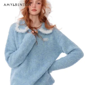 Autumn Winter New Gentle Thick Blue Loose Women's Pullover American Retro Design Sweet Cute Polo Doll Collar Sweater for Women - AliExpress Sweaters&Jumpers