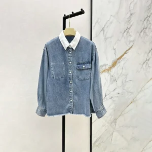 2026 high-quality women's contrasting color white-collar washed blue denim shirt--hb727 - AliExpress Shirts & Blouses