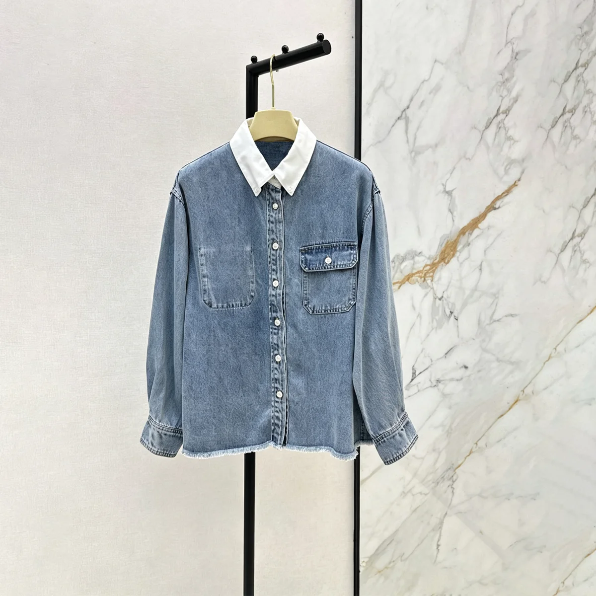 2026 high-quality women's contrasting color white-collar washed blue denim shirt--hb727 - AliExpress Shirts & Blouses