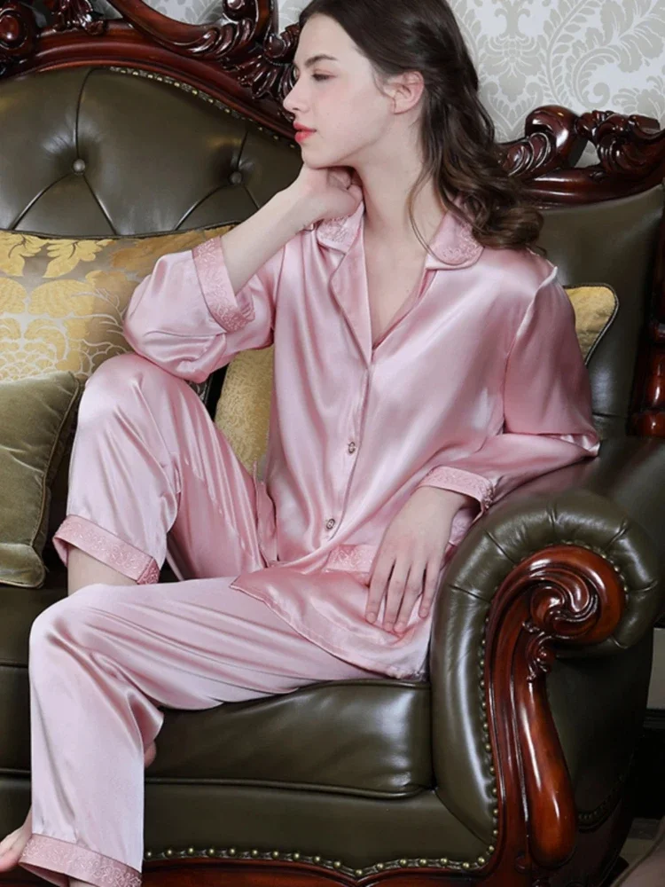 Embroidered Silk Pajamas 100% Mulberry Silk Long Sleeves Sleepwear Pajama Set Spring and Autumn Button Down Cardigan Homewear PJ - AliExpress Women's Sleep & Lounge