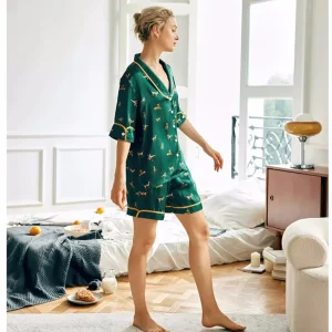 Printed 100% Real Silk Summer Pajamas Homewear 2 Piece Women Short Sleeve Top Shorts Cute Pajama Casual Home Clothing Nightwear - AliExpress Women's Sleep & Lounge