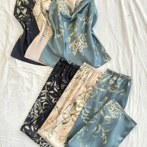 Floral Print Silk Pajama Set With Cowl Neck And Elastic Waist Pants - AliExpress Women's Sleep & Lounge