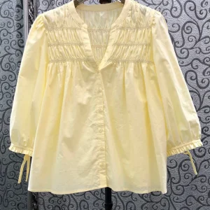 Milan Small Town Southern Oil High Version Gentle Wind Slim Loose V-neck Pleated Pure Color Button-up Shirt Women's Fashion - AliExpress Shirts & Blouses