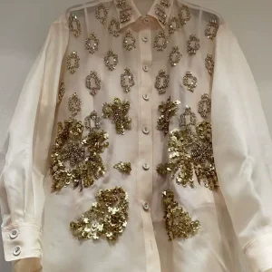 Luxury Handmade Sequin Embroidered Shirt Turn Down Collar Long Sleeve Women's Transparent Silk Organza Blouse - AliExpress Shirts & Blouses