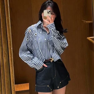 Fashionable Casual Stripe Shirt Women's Short Sleeve Cotton Blend Embellished Hollow out Design Spring New Arrival Shirt - AliExpress Shirts & Blouses