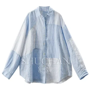 Refreshing Sea Breeze, French Casual Sea Salt Blue Stripe 100 Linen Loose Long Sleeve Shirt Women's 61W6 - AliExpress Shirts & Blouses
