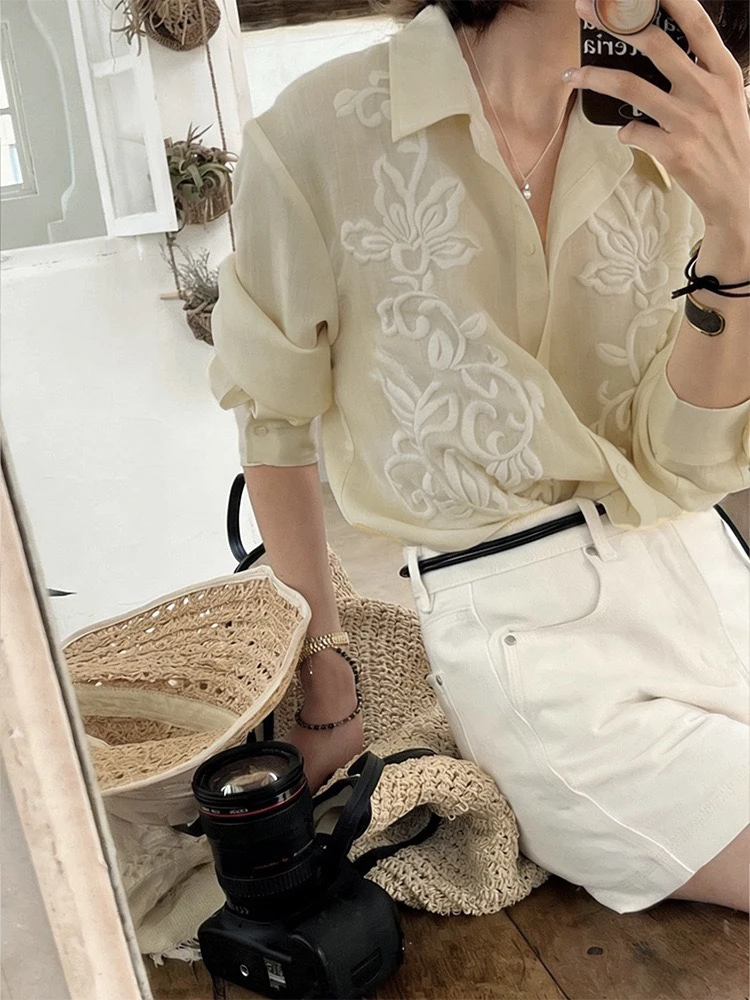 Heidd Early Spring 2026 Yellow Long Sleeve Embroidered Collar Shirt Women's Casual Fit Floral Pattern Button Crafted Shirt - AliExpress Shirts & Blouses
