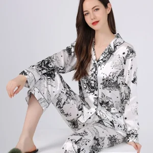 19MM 100% Mulberry Silk Long Sleeve Printed Pajamas Suit Spring Autumn Women Lapel Cardigan Home Wear Two Piece Pajaa Loungewear - AliExpress Women's Sleep & Lounge