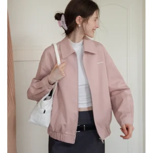 Pink Flip-Collar Zipper ort Jaet Women Loose Slimming Small Size Jaet Top Casual Sle Cotton Polyester Blend - AliExpress Sweaters&Jumpers