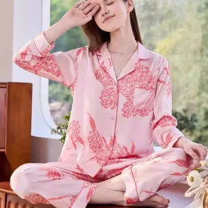 Printed Pure Silk Women's 2 Piece Long Sleeves Pajama Loungewear Spring Autumn Long Pajamas Homewear Set Solid Pijamas Sleepwear - AliExpress Women's Sleep & Lounge