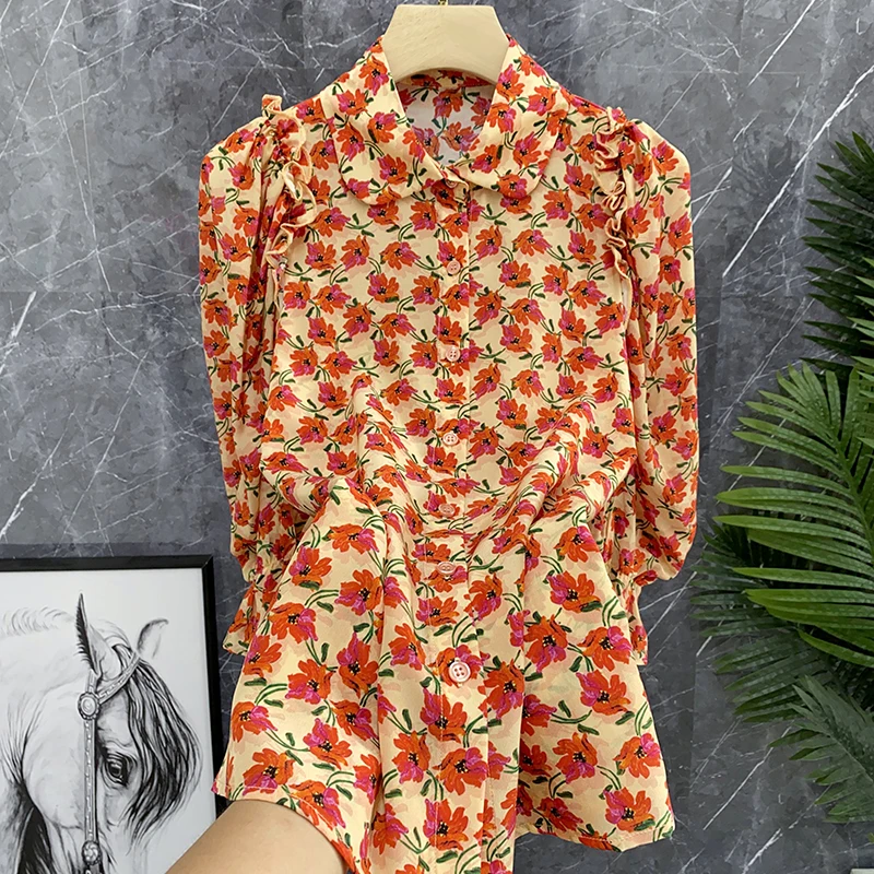 Silk Blouse Women's ort Sve Floral Print Collar Single Button Closure Lantern Sve Commute Sle Traditional Chin... - AliExpress Shirts & Blouses