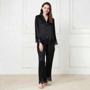 19 Momme 100% Mulberry Silk Pajama Set Women Lace Trim Long Sleeve Lapel Button Down Sleepwear 2 Piece Solid Luxury Loungewear - AliExpress Women's Sleep & Lounge