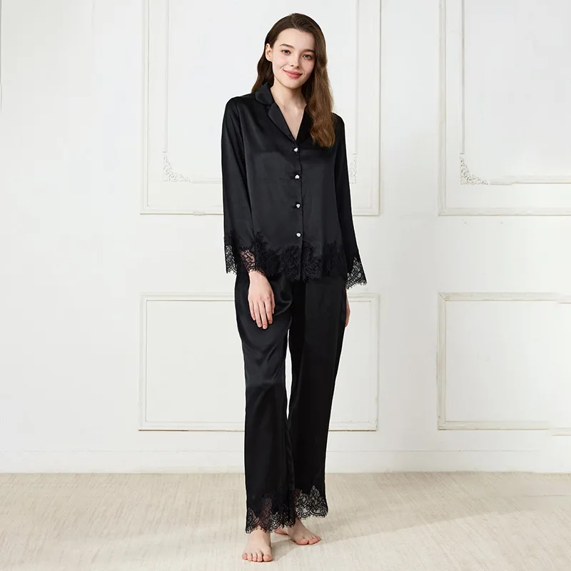 19 Momme 100% Mulberry Silk Pajama Set Women Lace Trim Long Sleeve Lapel Button Down Sleepwear 2 Piece Solid Luxury Loungewear - AliExpress Women's Sleep & Lounge