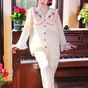 Original Retro Girl-style Lace Embroidery with Bra Pad Pajamas Flared Long-sleeve Pants Two-piece Set Loose Women's Loungewear - AliExpress Women's Sleep & Lounge