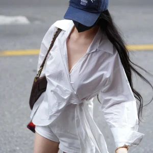 Luna7xi Women's Long Sleeve Shirt V-Neck Waist-Cinching Cross Strap Design Commute Style Korean Fashion Breathable Cotton - AliExpress Shirts & Blouses