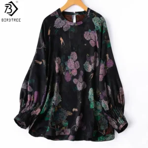 Birdtree, 100% Real Silk Jacquard Blouse, Lantern Sleeve Tops, Women's Floral Luo Xiangyunsha Shirt, 2026 Autumn New T68425JF - AliExpress Shirts & Blouses