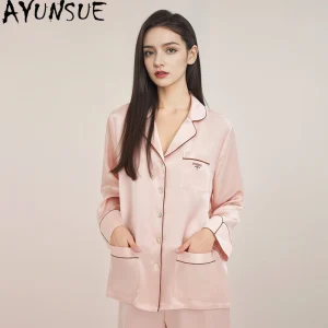 AYUNSUE 19MM 100% Mulberry Silk Pajama Short-sleeved Tops Long Pants Two-piece Summer Women's Home Clothes Костюм Летний Женские - AliExpress Women's Sleep & Lounge