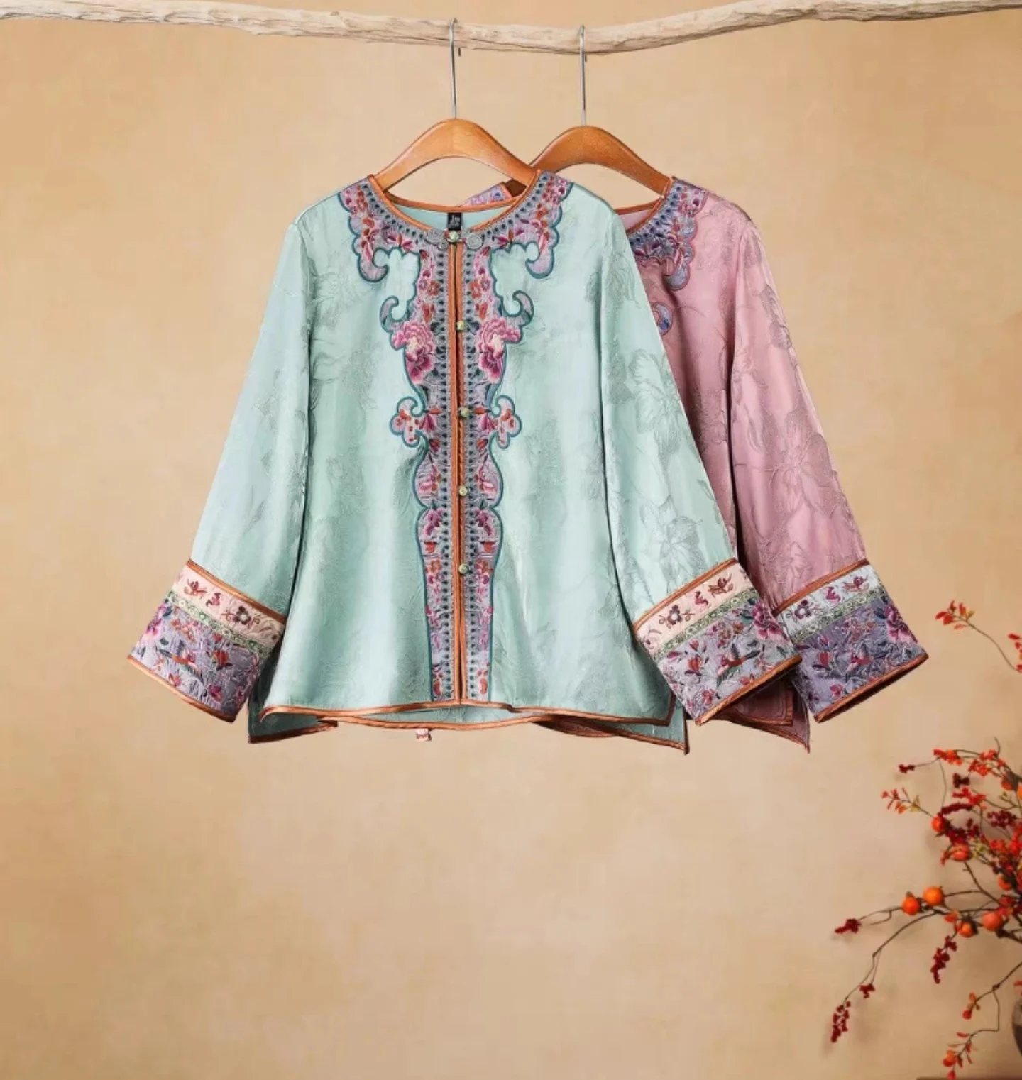 Original embroidered tops for women Green / pink rayon jacquard O-neck blouses Long sleeve autumn vintage clothes - AliExpress Shirts & Blouses