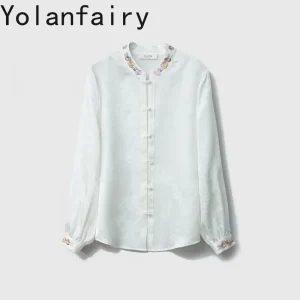 YOLANFAIRY 100% Mulberry Silk Shirts Women Elegant Blouse Stand Collar Embroidery Crepe Jacquard Tops and Blouses Pearl Buttons - AliExpress Shirts & Blouses