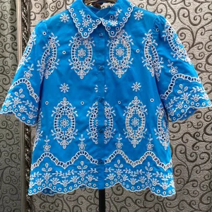 Milan Small Town Special Offer Blue Color Block Hollow Carving Embroidery Doll Collar Bubble Sleeve Shirt Women's Fashion - AliExpress Shirts & Blouses