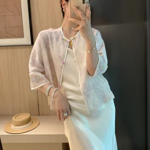 New Chinese Style Silk Flower Luo Fabric Sun Protection Women's Thin Embroidered Button Cardigan Shirt Summer Straight Tube - AliExpress Shirts & Blouses
