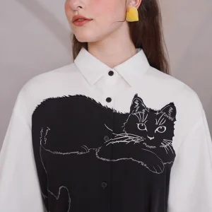 101-109cmBust SpringFall Shirts Original Design Women Vintage Elegant Loose Cool Black Cat Embroidery Print White Shirts/Blouses - AliExpress Shirts & Blouses