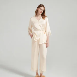 100% Mulberry Silk Pajama Set Women V Neck 3/4 Sleeve Lace Trim Belted Luxury Real Silk Sleepwear Loungewear Two Piece Suit - AliExpress Women's Sleep & Lounge