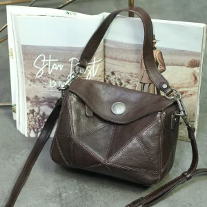 Retro Handmade Leather Shoulder Crossbody Bag Casual Style Geometric Patchwork Top Layer Cowhide Women's Bag Elegant Style - AliExpress Women's Handbags