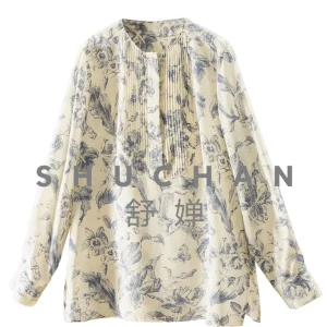 Blouse Blue and White French Luxury Printing Silk Double Crepe Tucker Pleated Long-sleeved Shirt Women's 29L1 - AliExpress Shirts & Blouses
