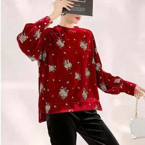 Spring and Summer New O-Neck Long Sleeved Velvet Shirt Embroidered Beading Flower High-End Elegant Top for Women S-XL - AliExpress Shirts & Blouses