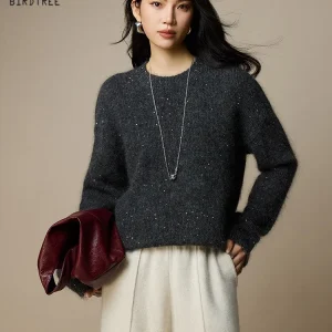 Birdtree,69.7% Mohair Sequin Knitted Sweater,Woman O-neck Full Sleeve Knitwear,2025 Autumn/Winter Warmth Pullover T5O006JF - AliExpress Sweaters&Jumpers
