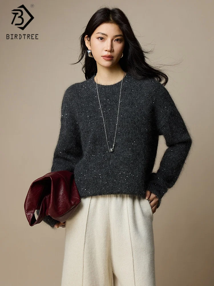Birdtree,69.7% Mohair Sequin Knitted Sweater,Woman O-neck Full Sleeve Knitwear,2025 Autumn/Winter Warmth Pullover T5O006JF - AliExpress Sweaters&Jumpers