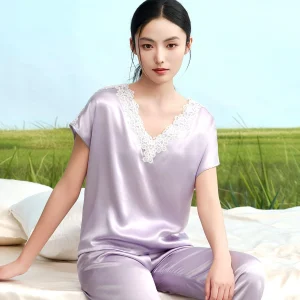 100% Real Silk Fashionable Casual Pajamas Lace Trim V Neck Women's Summer Short-Sleeve Pants Set Solid Color Loose Loungewear - AliExpress Women's Sleep & Lounge
