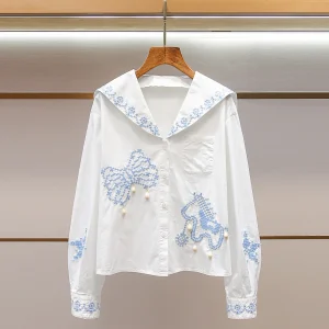 Naval Collar Embroidered White irt Women's Spring New Sle College Sle High End Women's Clothing by Nu - AliExpress Shirts & Blouses