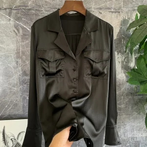 Silk Satin Long Sleeve Suit Collar Loose Feel Women's Shirt Commute Style Straight Tube Shape Button Detail Pure Color - AliExpress Shirts & Blouses