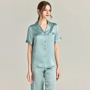 19MM 100% Mulberry Silk Women's Pajamas Sets Short Sleeve Buttons Top & Trousers Sleepwear 2 Piece Pj Set Loungewear Pajama Suit - AliExpress Women's Sleep & Lounge