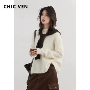 CHIC VEN Women Sweaters Korean Solid Loose O-Neck Curly Edge Soft Pullovers Female Jumpers Knitted Tops Autumn Winter New 2025 - AliExpress Sweaters&Jumpers