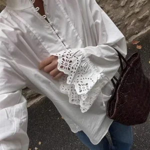 White Hollow Out Embroidery Blouse Women Stand Collar Single Breasted Long Sleeve Blouses Summer New Simple Casual Loose Shirts - AliExpress Shirts & Blouses