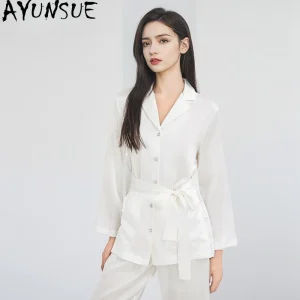 AYUNSUE 100% Mulberry Silk Sleepwear Women 19mm Silk Summer Clothes 2026 Pajama Set Long Sleeve Top Pants Sets Lace-up Пижама - AliExpress Women's Sleep & Lounge