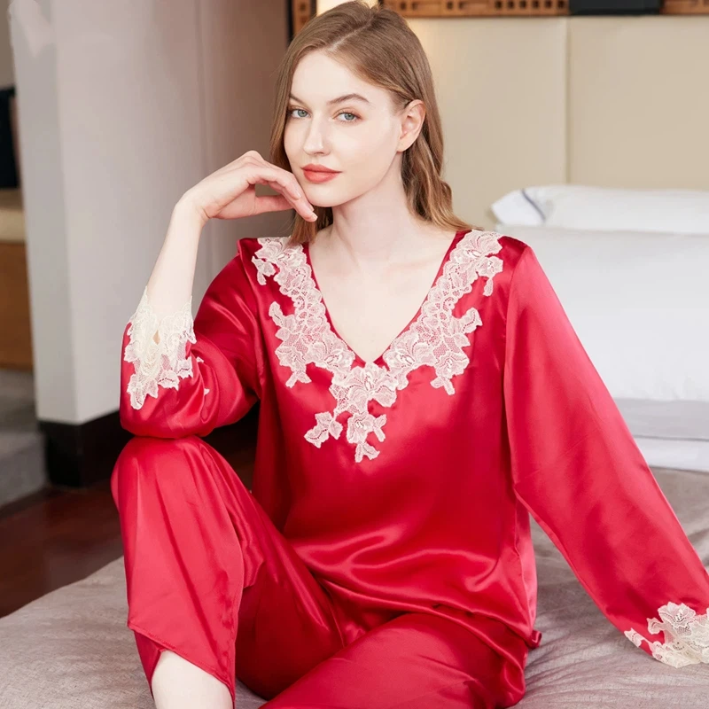 19MM 100 Mulberry Silk Pajamas Set for Women Lace Trim Long Sleeve Top & Pants Luxury Sleepwear Elegant Homewear Loungewear Gift - AliExpress Women's Sleep & Lounge