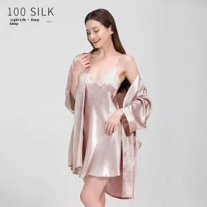Solid 100% Real Silk Long Sleeve Robe With Mini Nightdress V Neck Slip Dress and Robes Set Women's Sleepwear Kimono Nightgown PJ - AliExpress Women's Sleep & Lounge