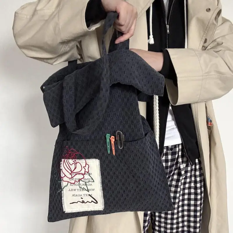 Original Fashion New Simple Casual Versatile Artistic Heavy Industry Embroidery Denim Plaid Vertical Square Canvas Shoulder Bags - AliExpress Women's Handbags