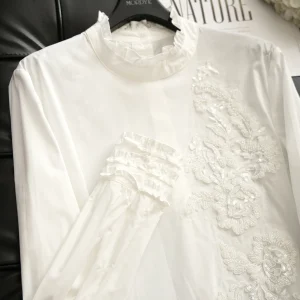 French Riviera Vacation Chic  White Long Sleeve Embroidered Lace Trim Stand Collar Shirt Women's Premium Cotton Blouse - AliExpress Shirts & Blouses